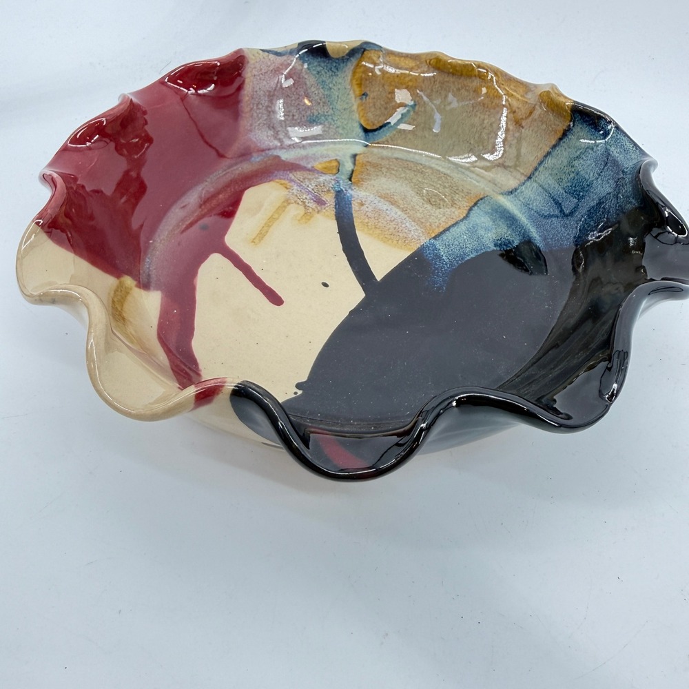 J&S Beaumont Pottery Bowl 9" Multicolor Abstract Ruffled Rim Ceramic Pie Pan - Picture 11 of 16